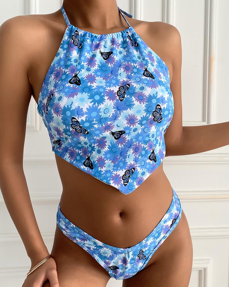 

Daisy Butterfly Print Halter Backless Bikini Set, Blue