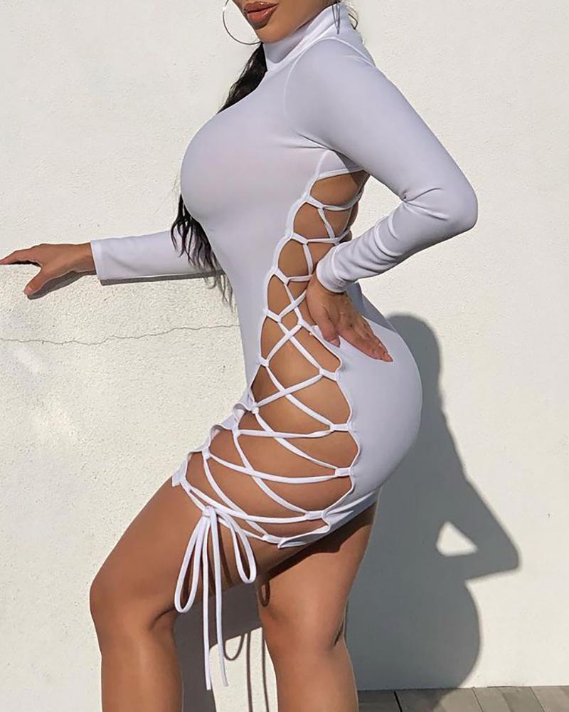 

Cutout Strappy Mock Neck Long Sleeve Bodycon Women Dress, White