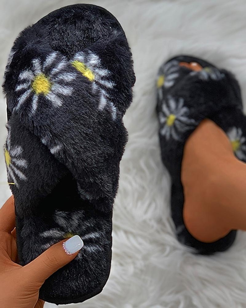 

Floral Print Cross Fluffy Slippers, Black