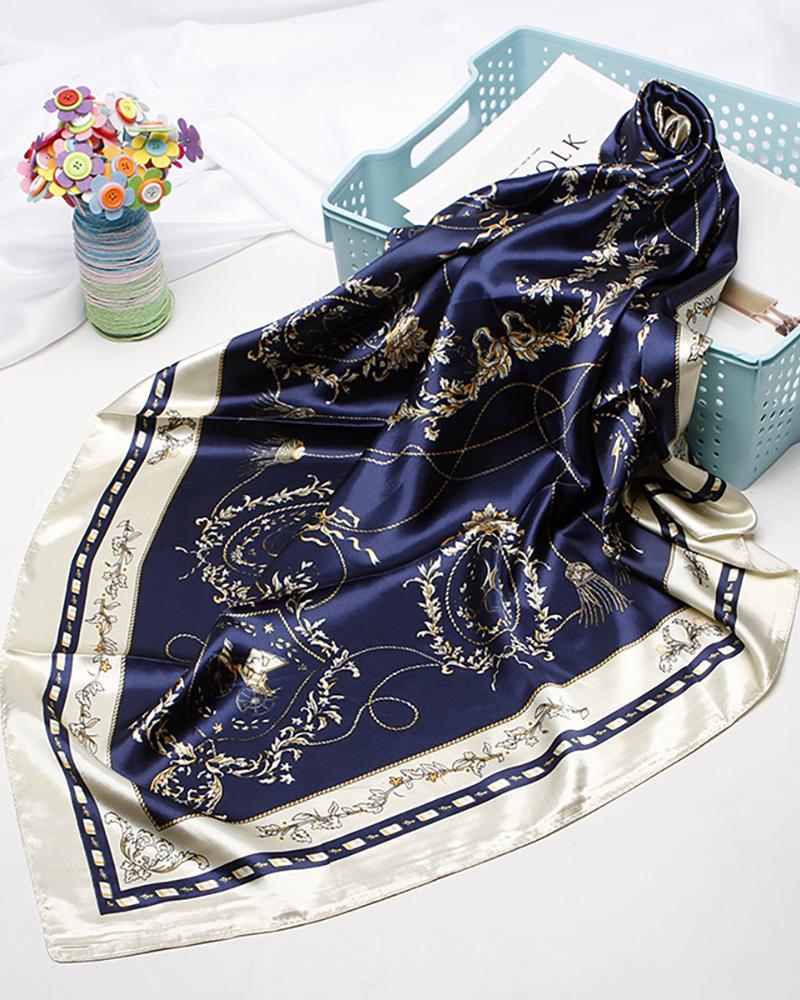 

Tassel Mirror Print Square Silk Scarf, Dark blue
