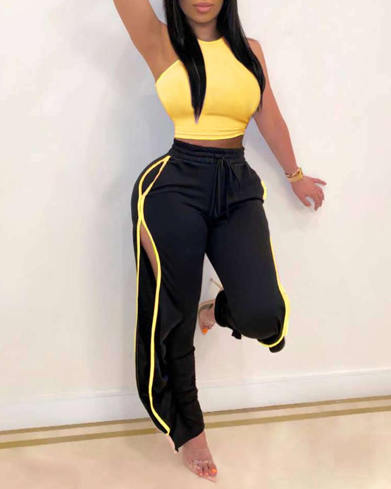 

Solid Crop Top & Slit Contrast Piping Pants Set, Yellow