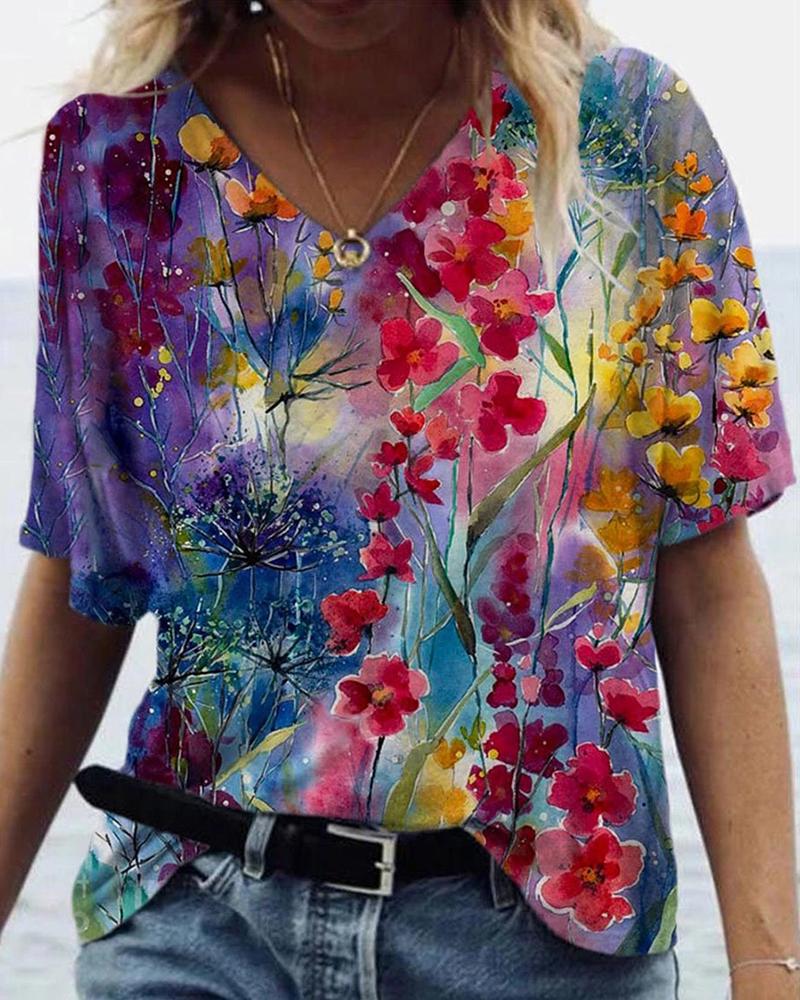 

Floral Print Short Sleeve T-shirt, Purple