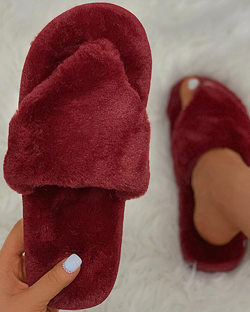 

Plain Toe Post Fluffy Slippers, Wine red