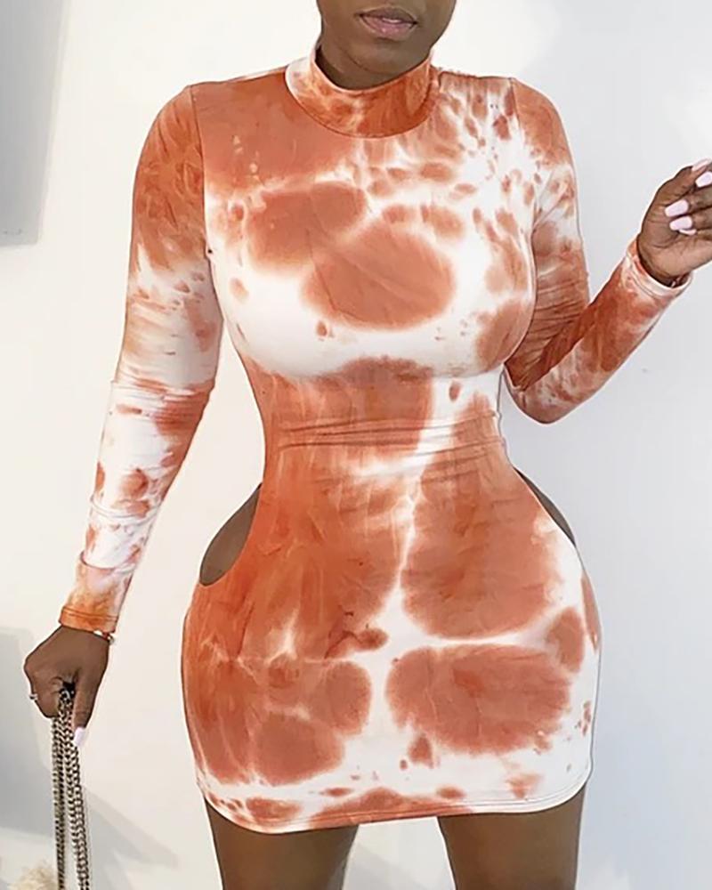 

Mock Neck Cutout Waist Tie Dye Print Bodycon Dress, Orange