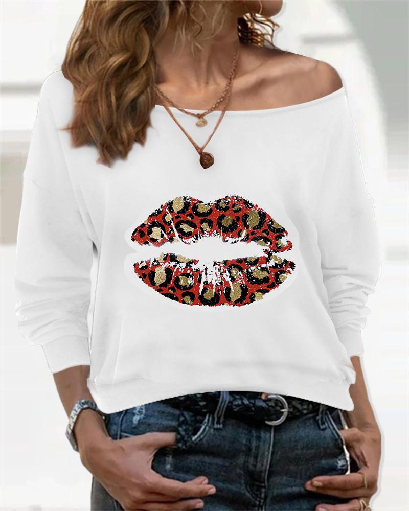 

Leopard Lip Print Long Sleeve Loose T-shirts, White