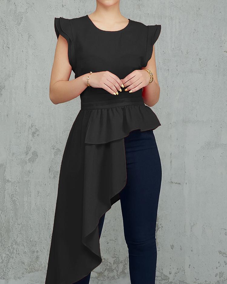

Flutter Sleeve Irregular Flounced Hem Blouse, Black