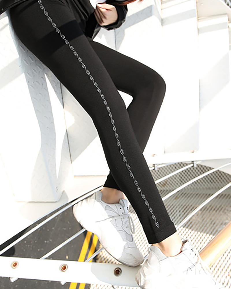 

Letter Print Studded High Waist Skinny Pants, Style2