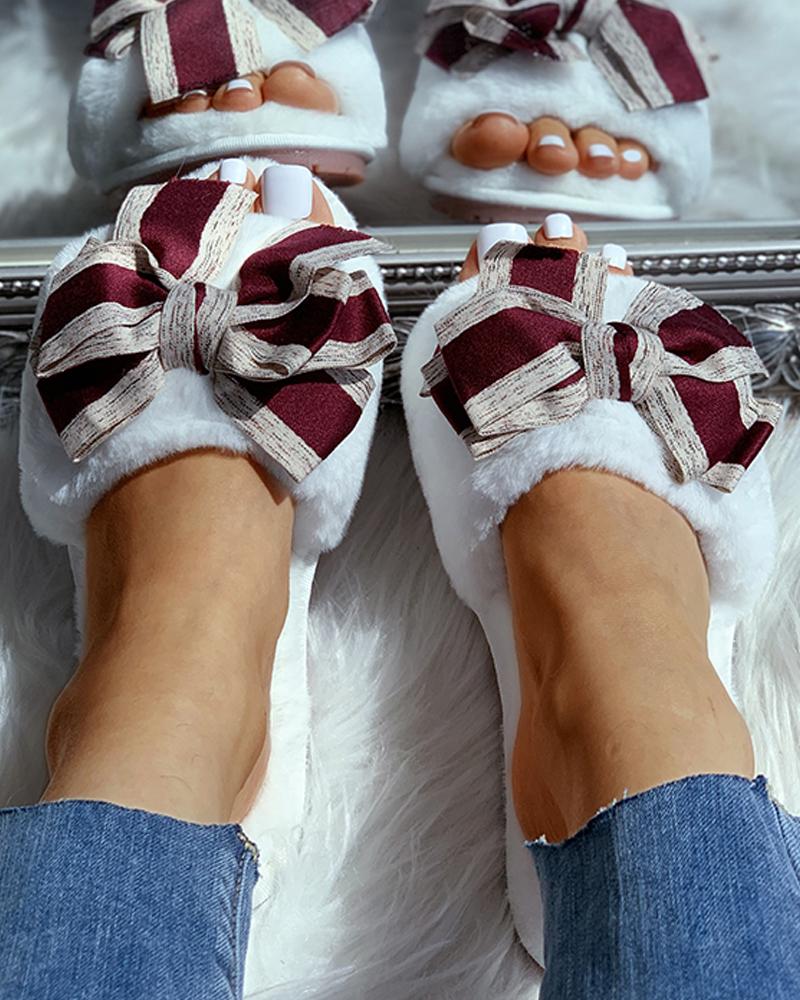 

Bowknot Design Fluffy Open Toe Flat Slipper, White