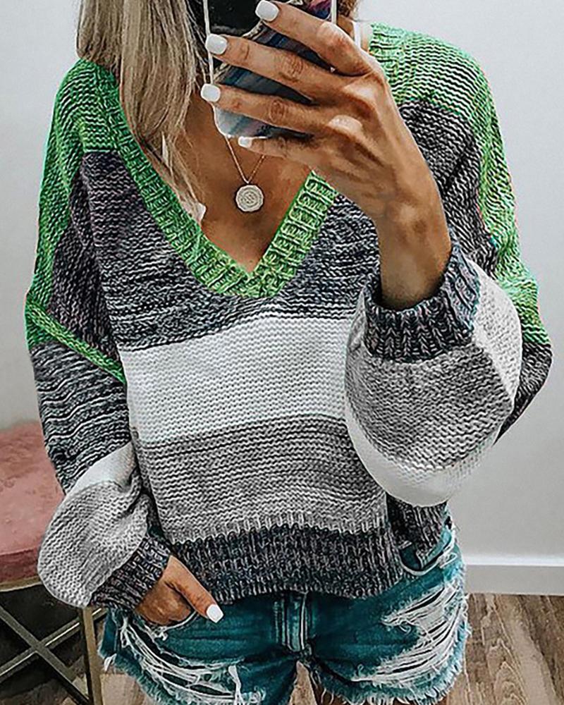 

Colorblock Lantern Sleeve Knit Top, Green