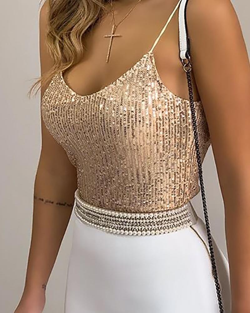 

Sequins Spaghetti Strap Top, Champagne