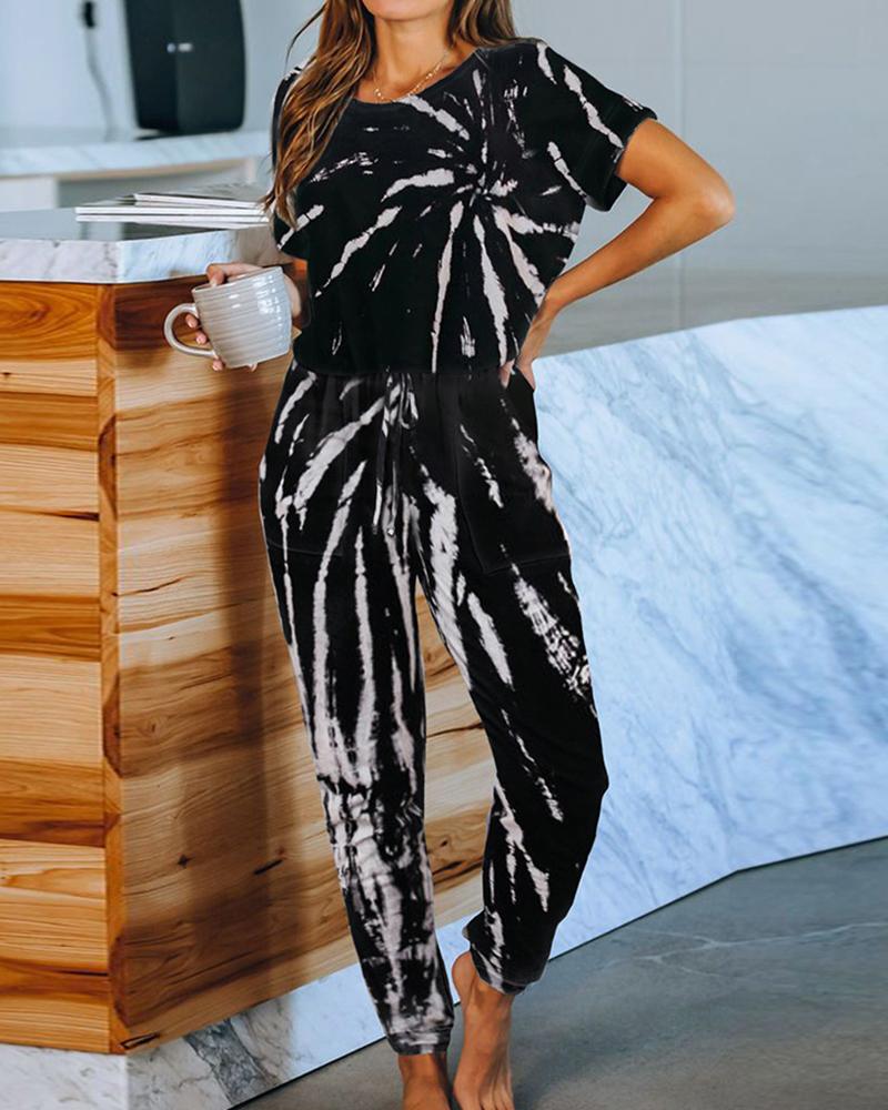 

Tie Dye Print Drawstring Jumpsuit, Black