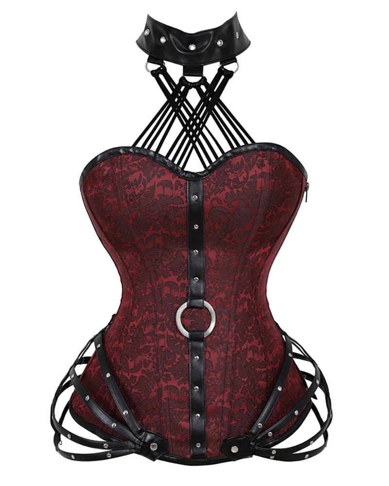 

Eyelet Lace-up Multi Strap Halter Corset, Red