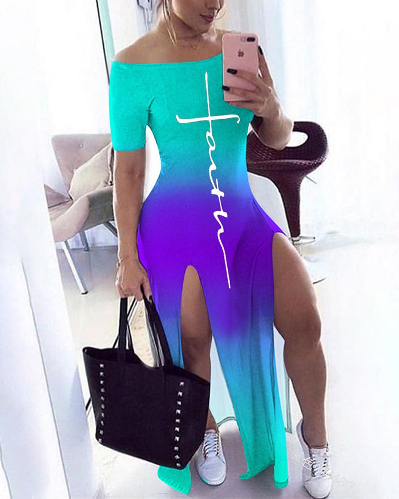 

Gradient Color Splicing Letter Print Off Shoulder Short Sleeve Slit Maxi Dress, Blue