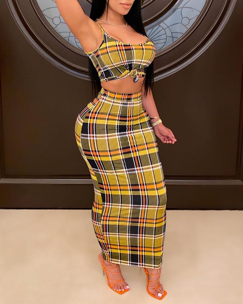 

Plaid Print Crop Top & Maxi Skirt Set, Yellow