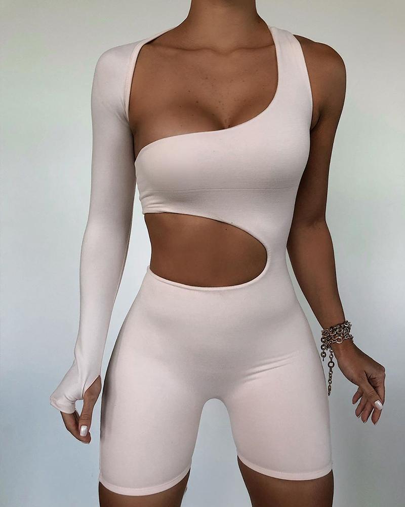 

Cold Shoulder Cutout Backless Solid Romper, Beige