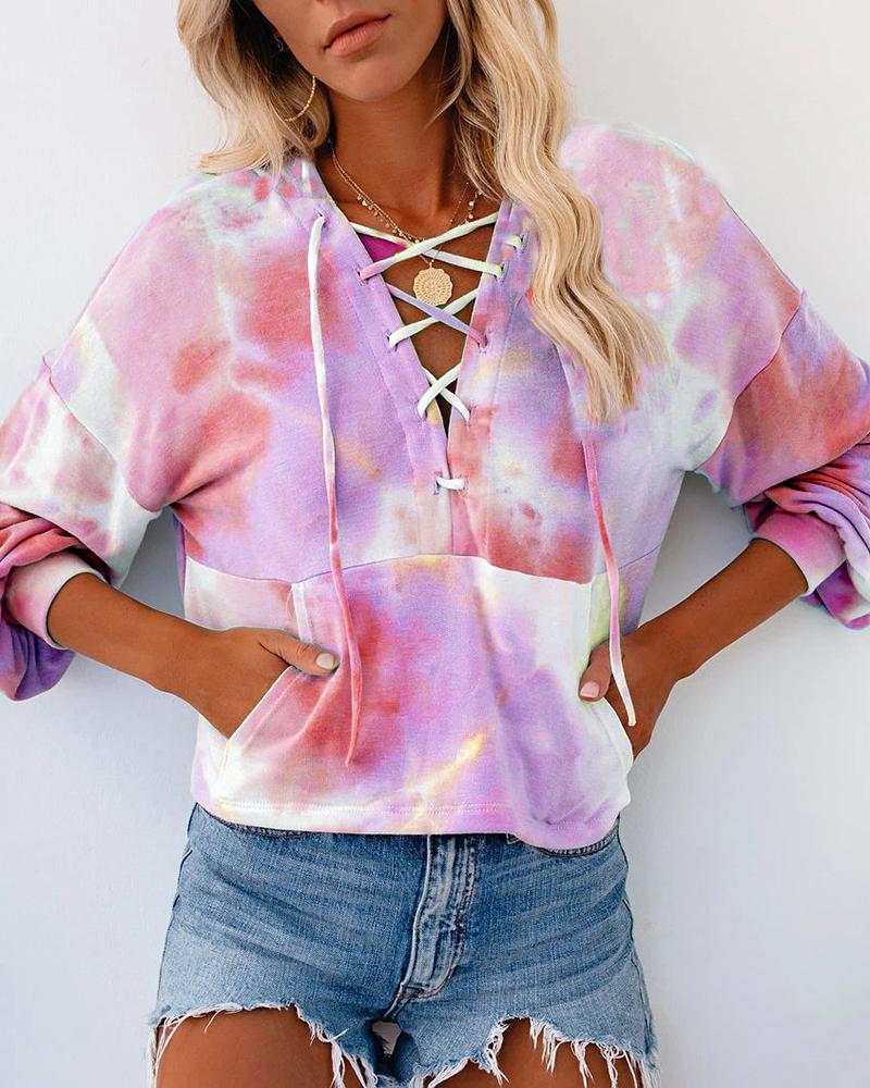 

Tie Dye Print Pocket Design Lace-up Hooded Top, Red