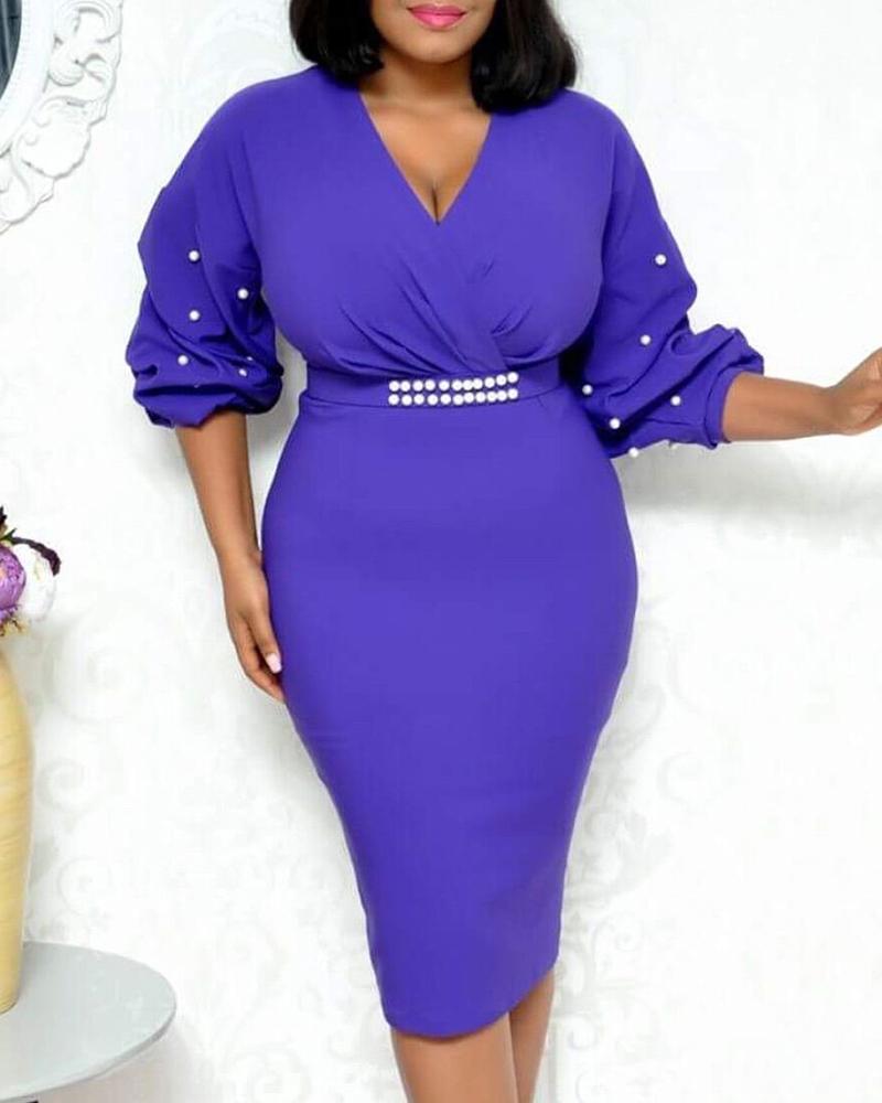 

Beaded Wrap Ruched Long Sleeve Work Dress, Blue