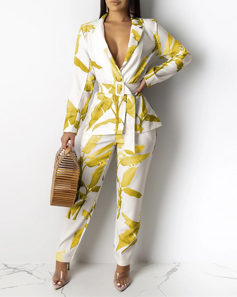 

Leaf Print Blazer Top & Pants Set, Yellow