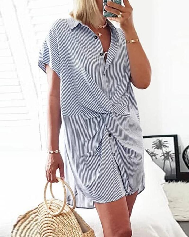 

Striped Short Sleeve Tie Design Blouse, Blue
