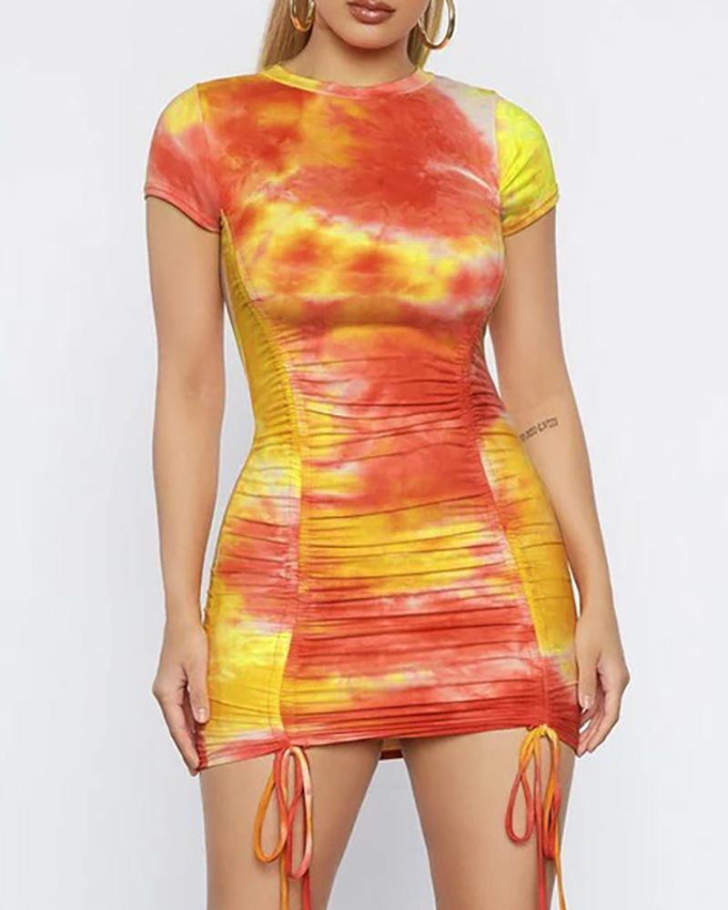 

Tie Dye Print Drawstring Ruched Bodycon Dress, Orange
