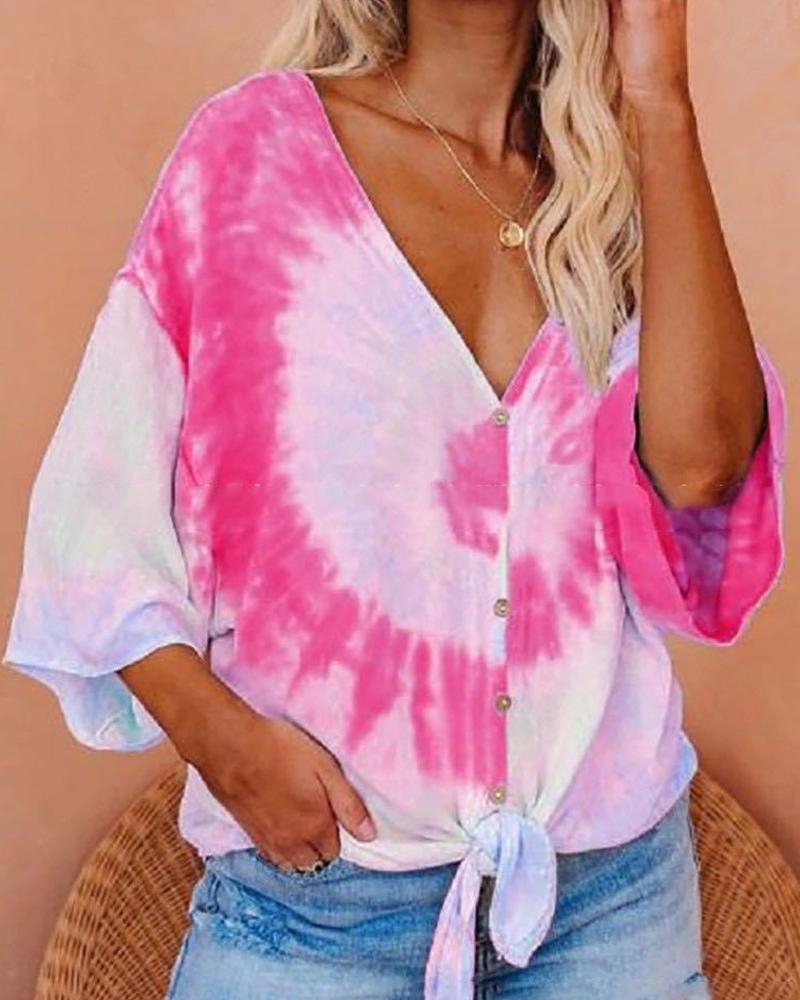 

Tie Dye Print Half Sleeve Button Women Blouse, Red