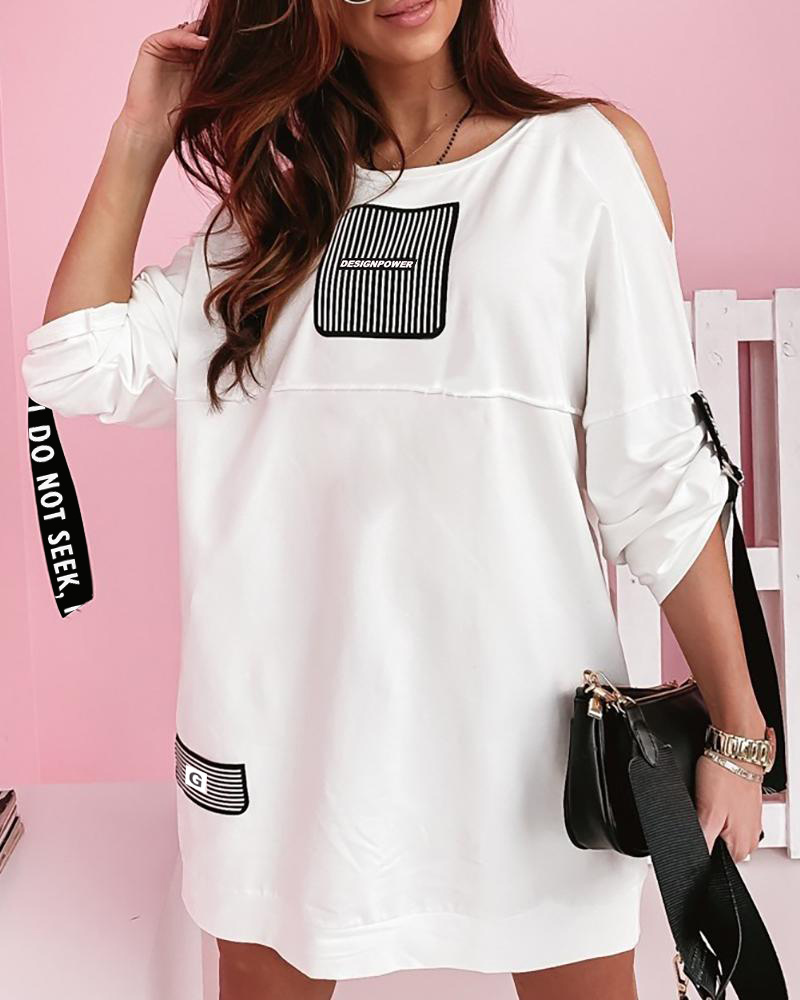 

Graphic Print Cold Shoulder Letter Tape Casual Dress, White