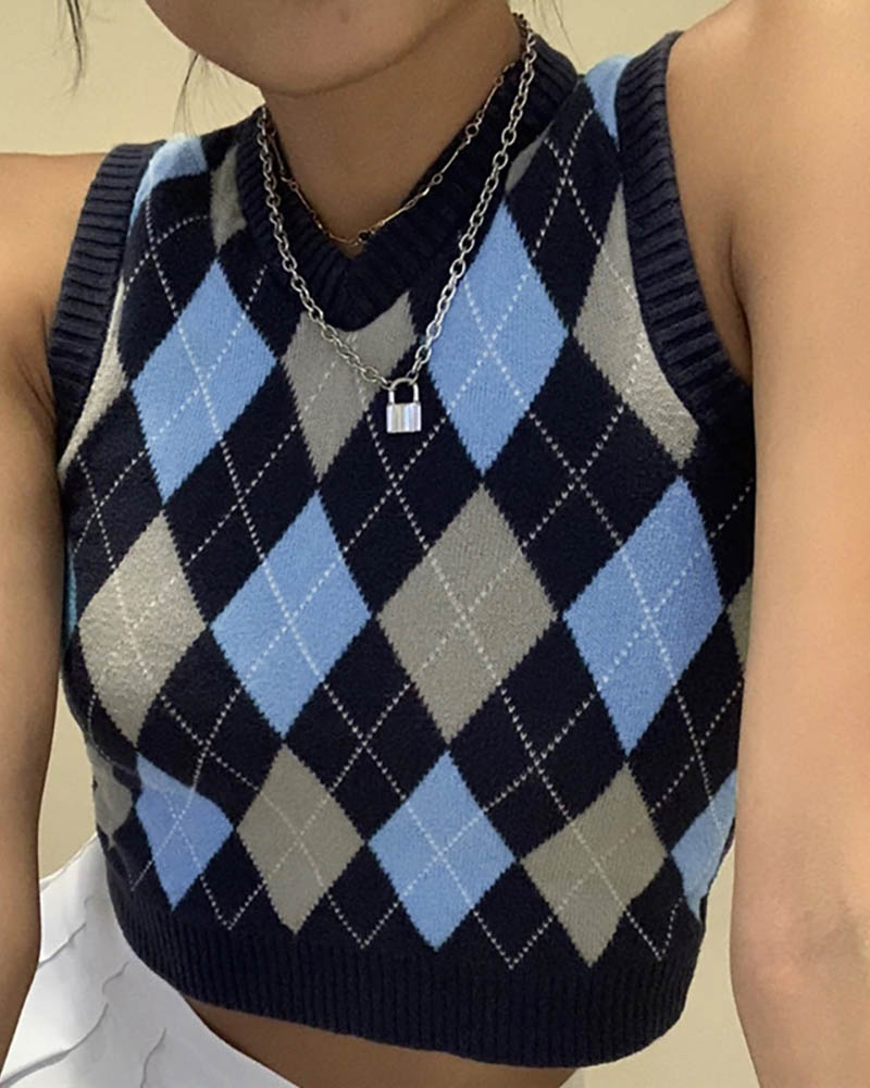 

Argyle Print V Neck Sweater Vest, Dark blue