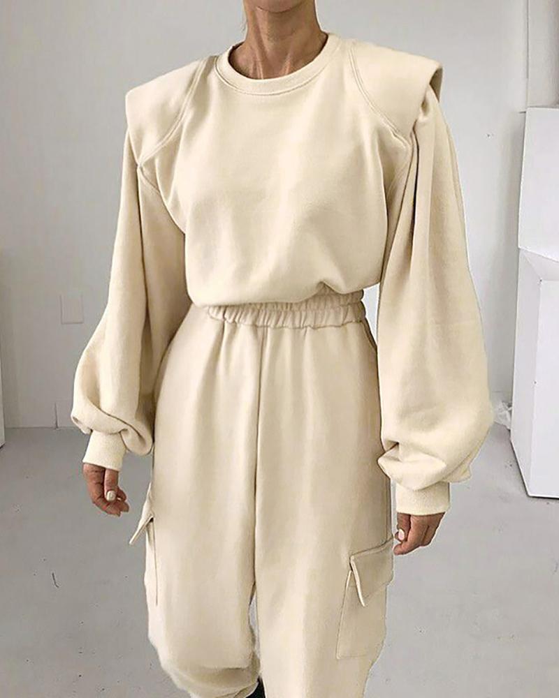 

Plain Lantern Sleeve Pullover Sweatshirt, Beige