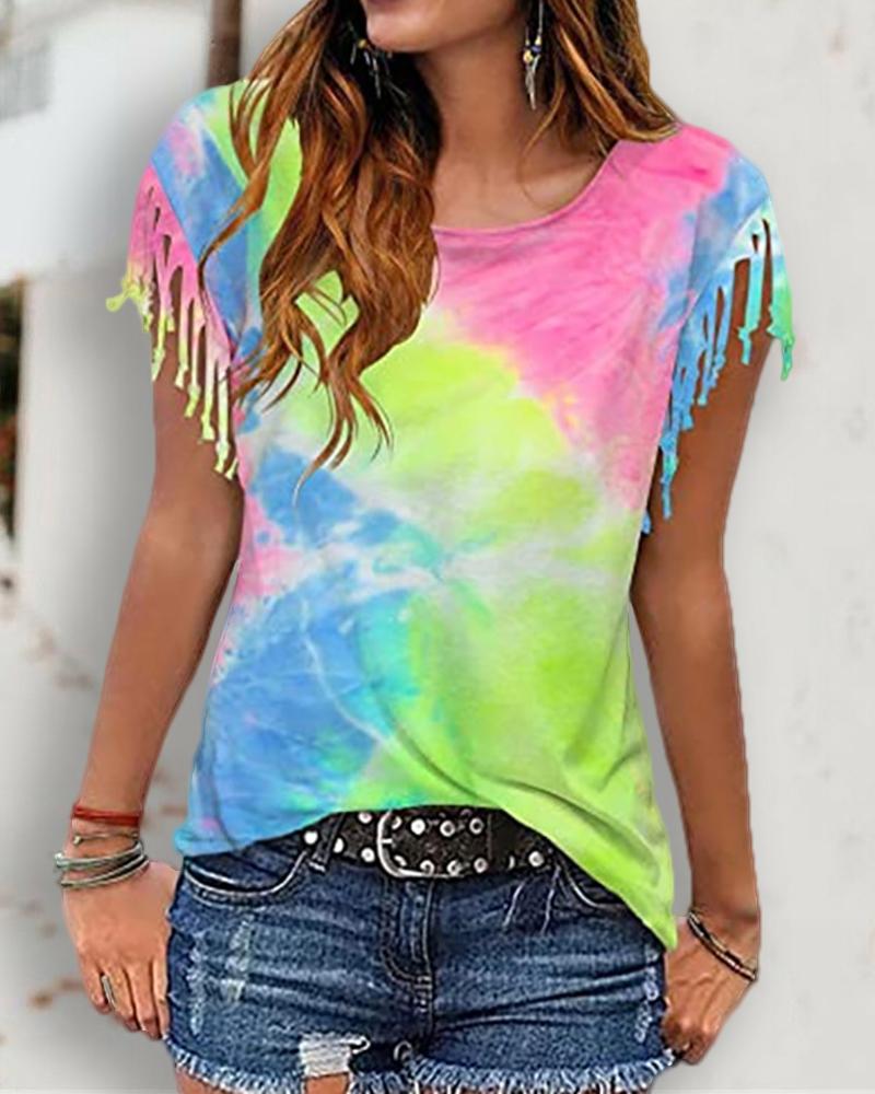 

Tie Dye Print Tassel Casual T-shirt, Green