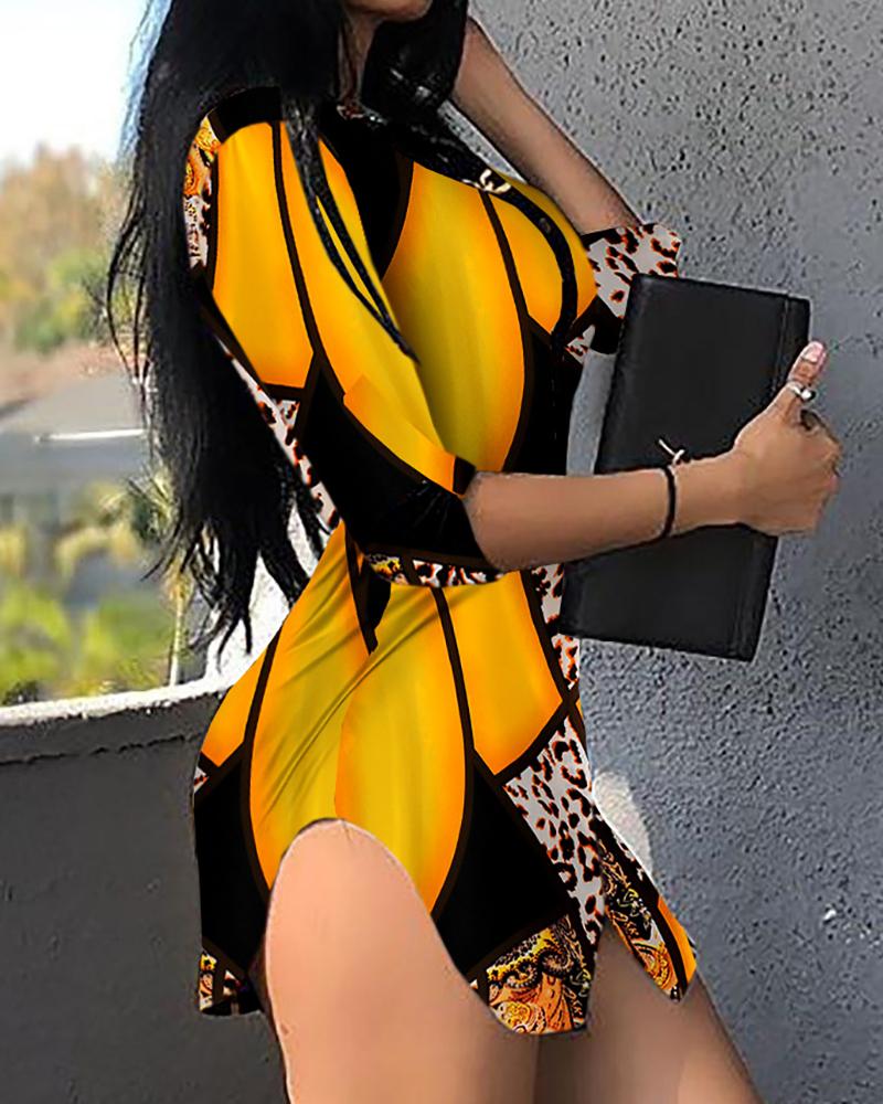

Cheetah Print Buttoned Slit Long Sleeve Shirt Dress, Yellow