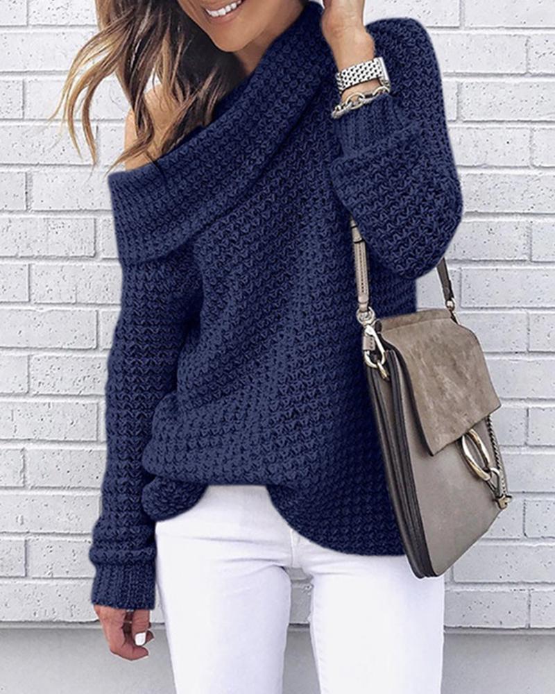 

Solid Long Sleeve Loose Knitted Sweaters, Purplish blue