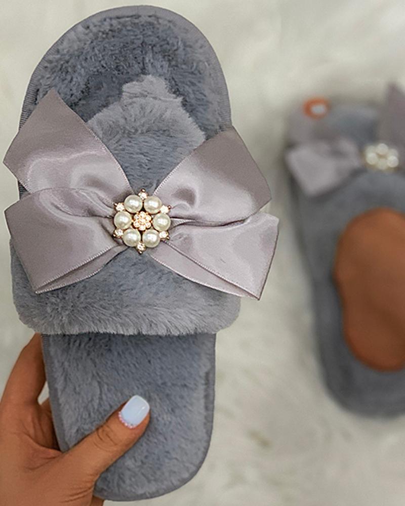 

Bowknot Beaded Toe Post Fluffy Slippers, Gray