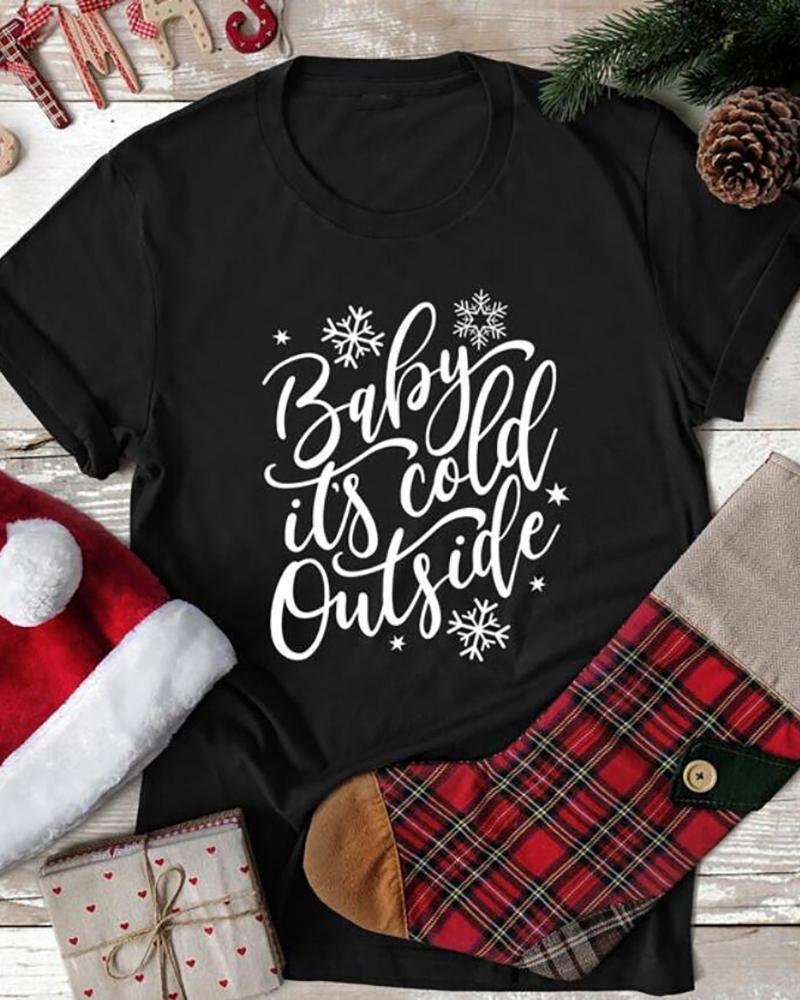 

Christmas Letter Print Short Sleeve Casual T-Shirt, Black