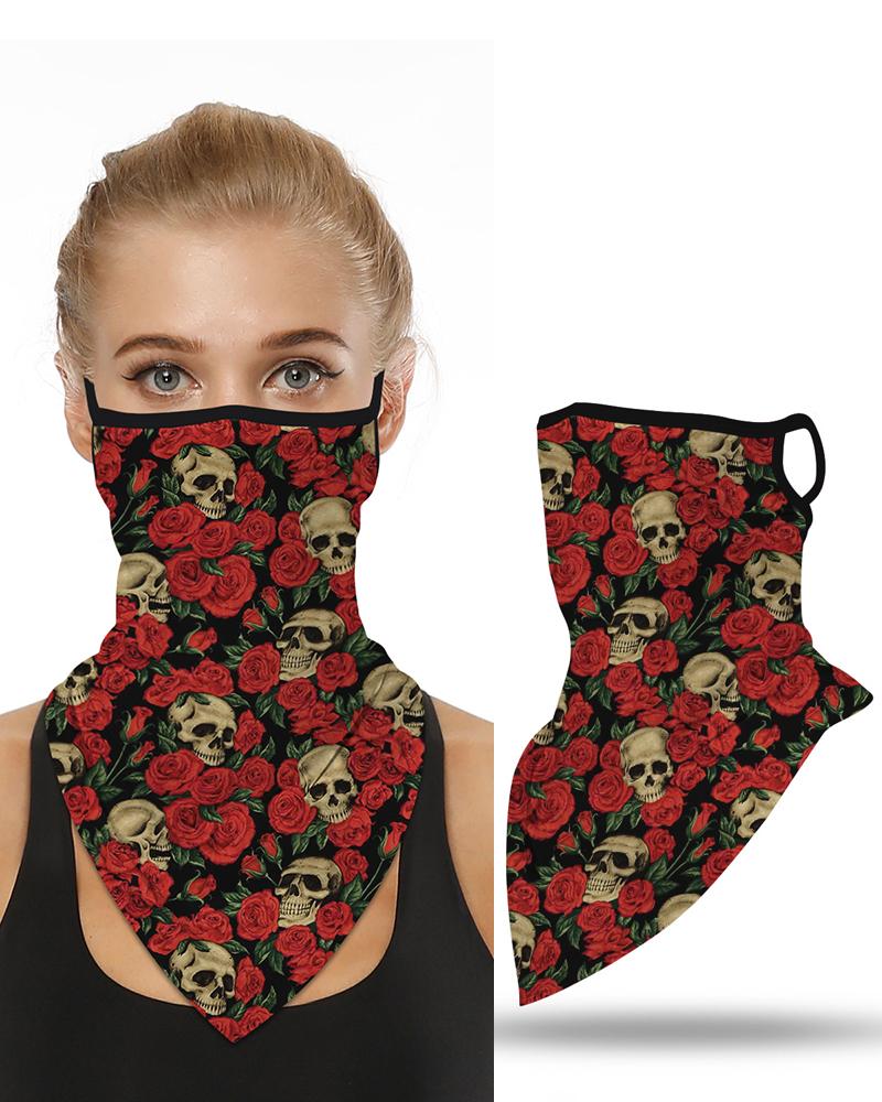 

Skull Floral Print Breathable Ear Loop Face Cover Windproof Motorcycling Dust Outdoors Bandana, Red