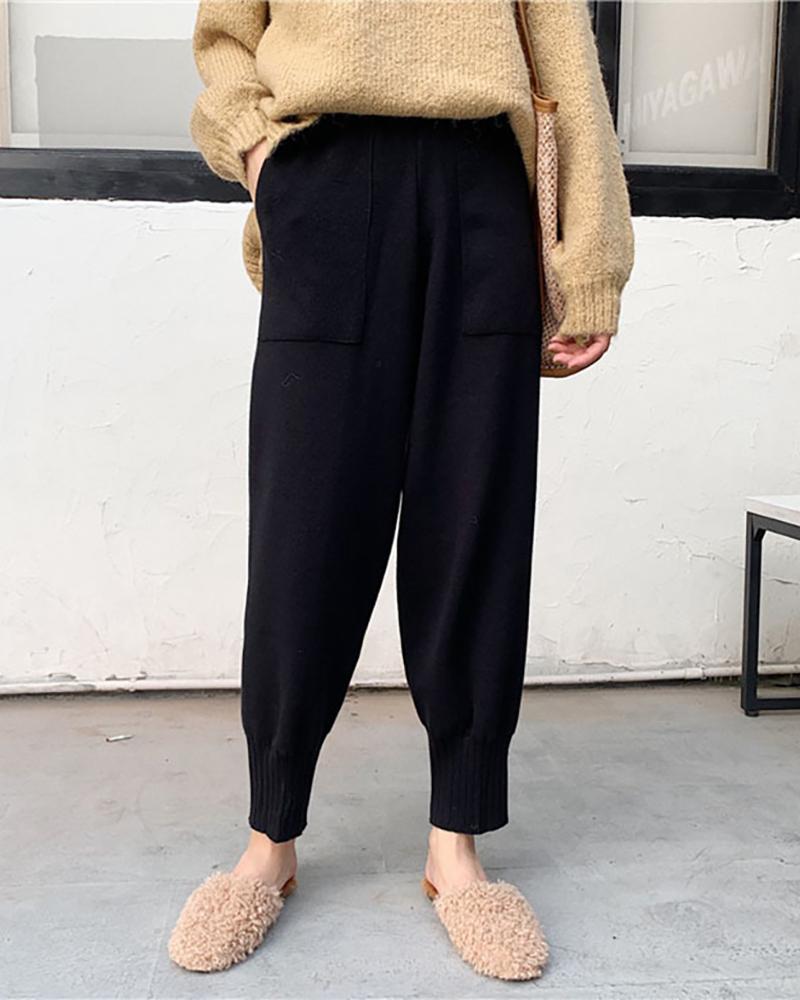 

Plain Pocket Design High Waist Knit Pants, Black