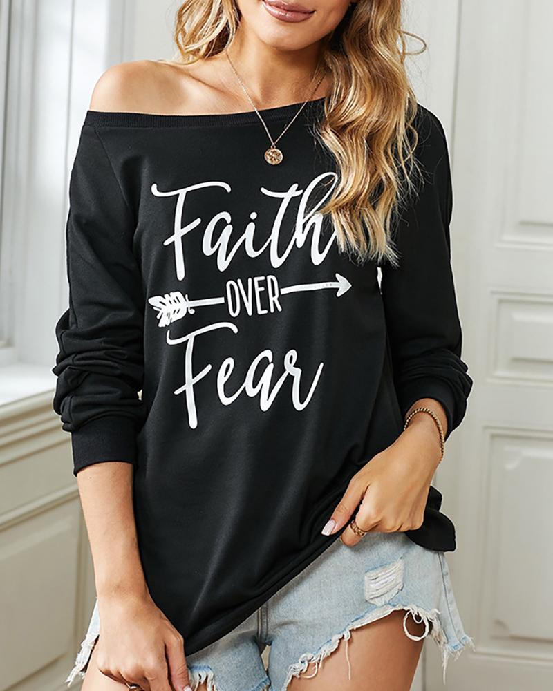 

Letter Print Long Sleeve Casual Top, Black
