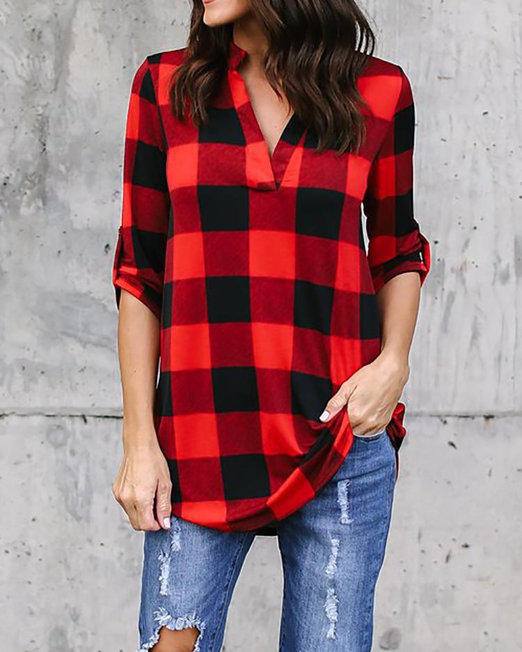 

Checkered V Neck Roll Sleeve Casual Blouse - Red