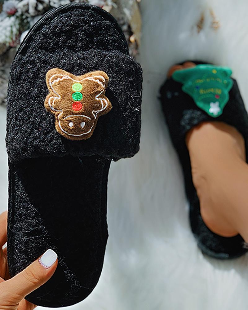 

Christmas Pattern Fluffy Slippers, Black