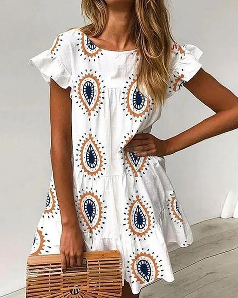 

Paisley Print Ruffles Casual Dress, White