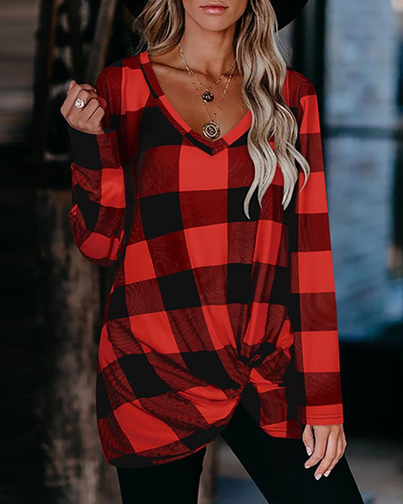 

Christmas Plaid Print Twisted Long Sleeve T-shirt, Red