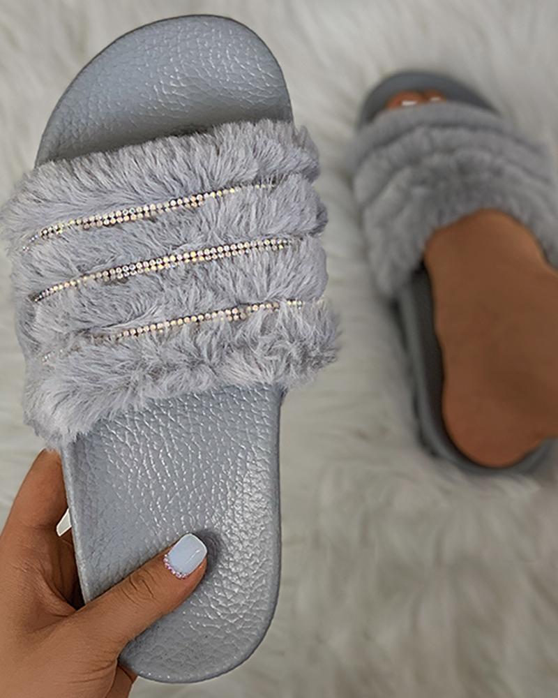 

Studded Fluffy Open Toe Slippers, Gray