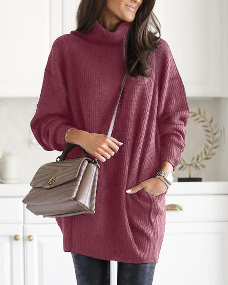 

Ribbed Solid High Neck Sweater, Wine red