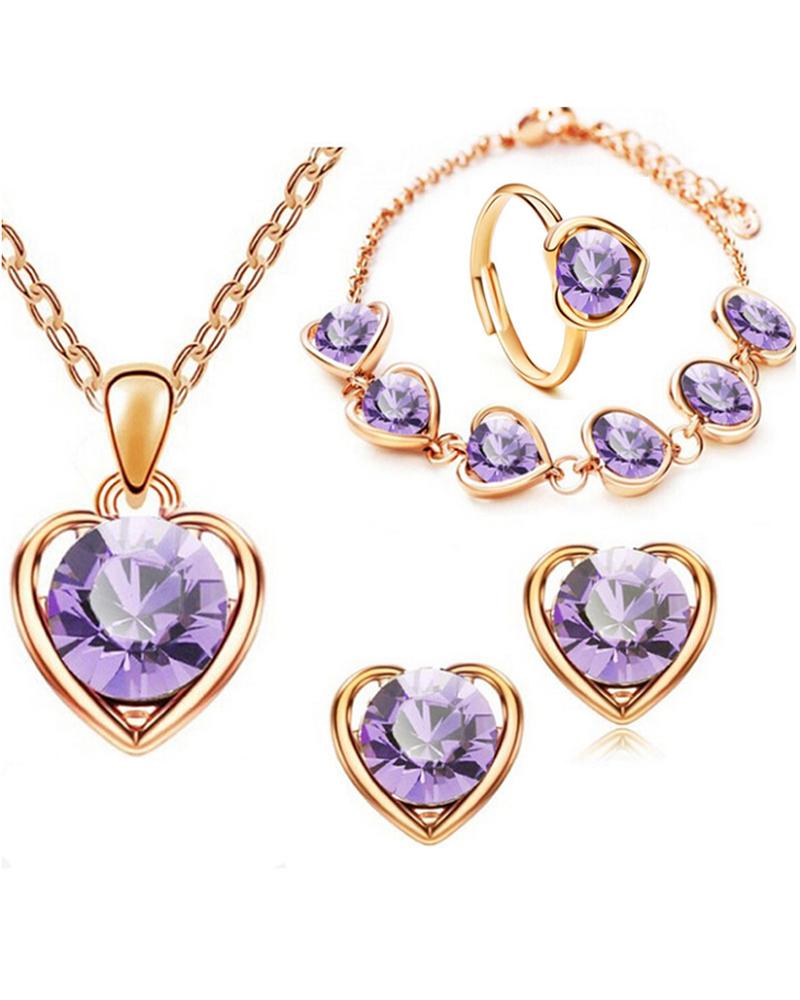 

4PCS Heart Shaped Rhinestone Pendant Necklace & Earrings & Bracelet Set, Dark purple