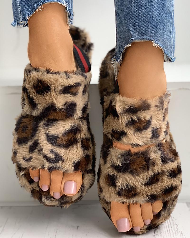 

Solid / Cheetah / Colorblock Slingback Fluffy Flat Slipper, Leopard