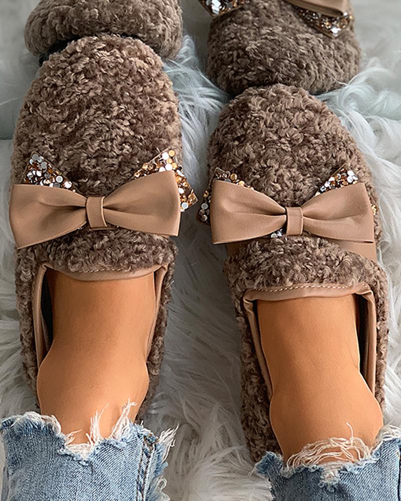 

Bowknot Detail Sequins Fluffy Shoes, Brown