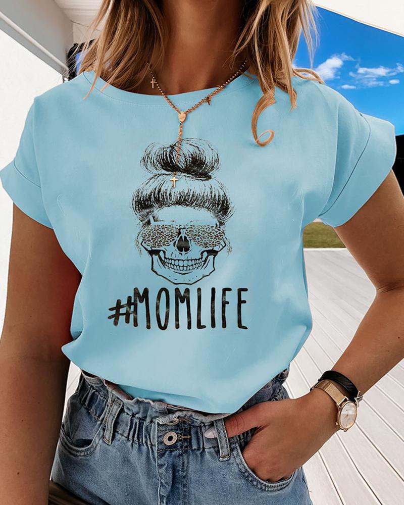 

Figure/Letter Print Cuff Sleeve T-Shirt, Blue