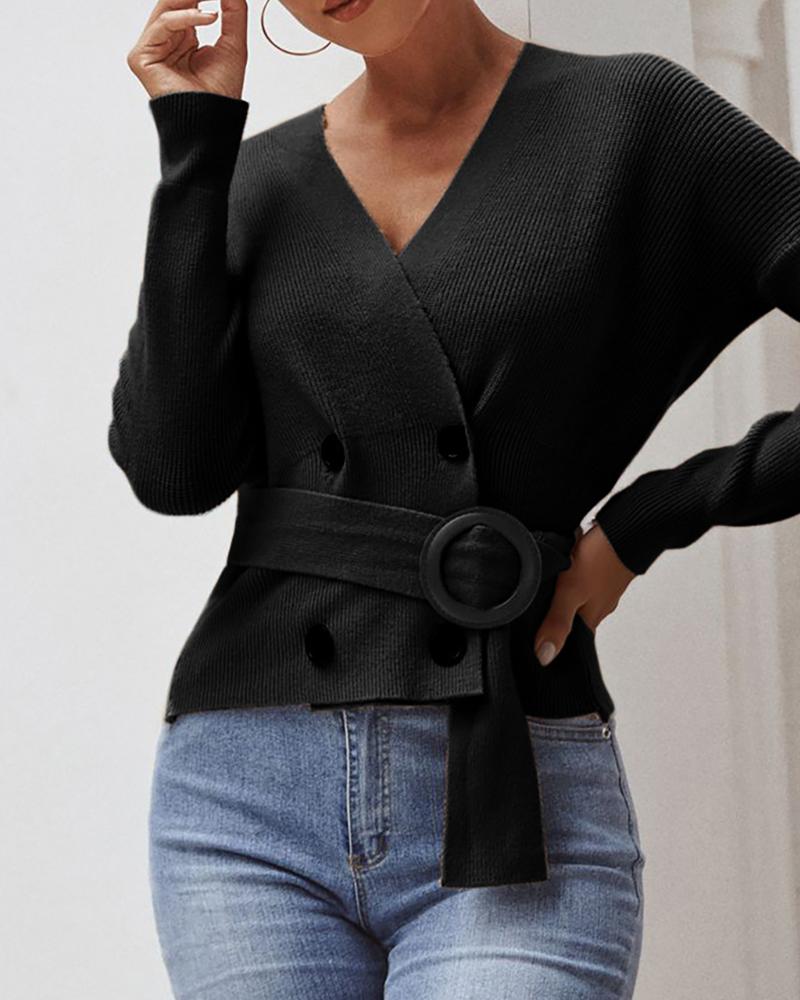 

Double Breasted Long Sleeve Casual Sweater, Black