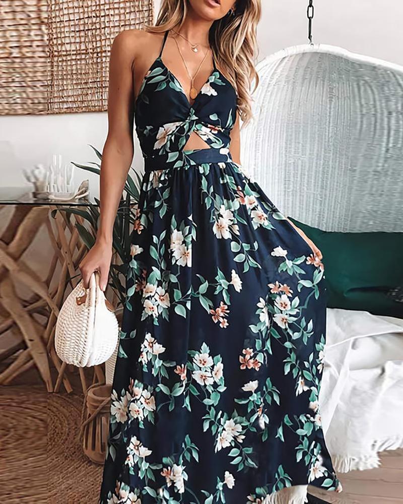 

Floral Print Cutout Front Halter Maxi Dress, Blue