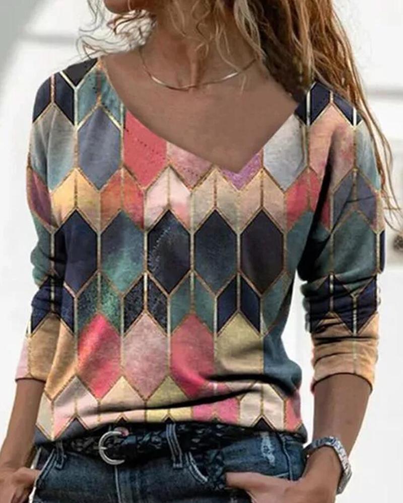 

Geo Print Colorblock Women Blouse, Pink