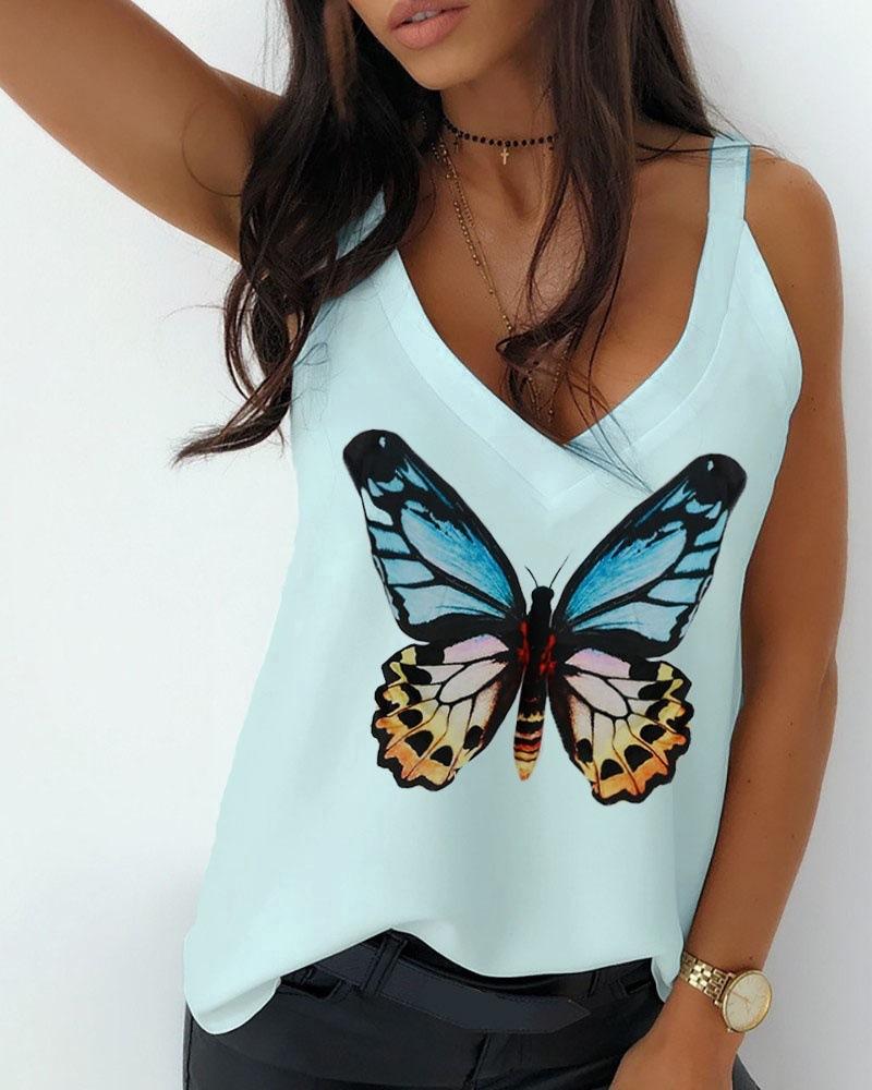 

Butterfly Print Thin Strap Casual Top, Light blue
